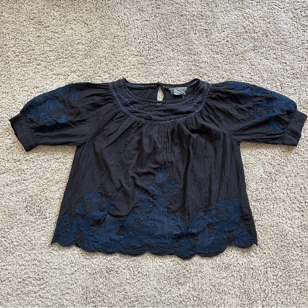 Anthropologie Black Navy Salma Embroidered Lined Peasant Blouse Size 0 - Picture 5 of 12